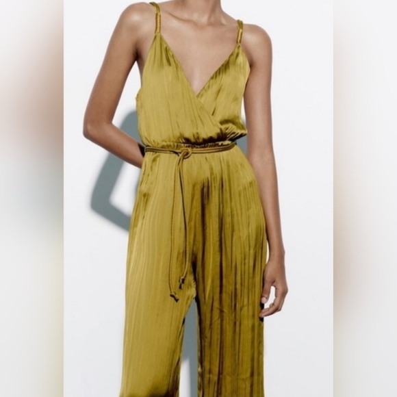 Zara Women's Pleated V-Neck Sleeveless Wide Leg Jumpsuit, Mustard, S, *NO BELT* - Picture 1 of 7